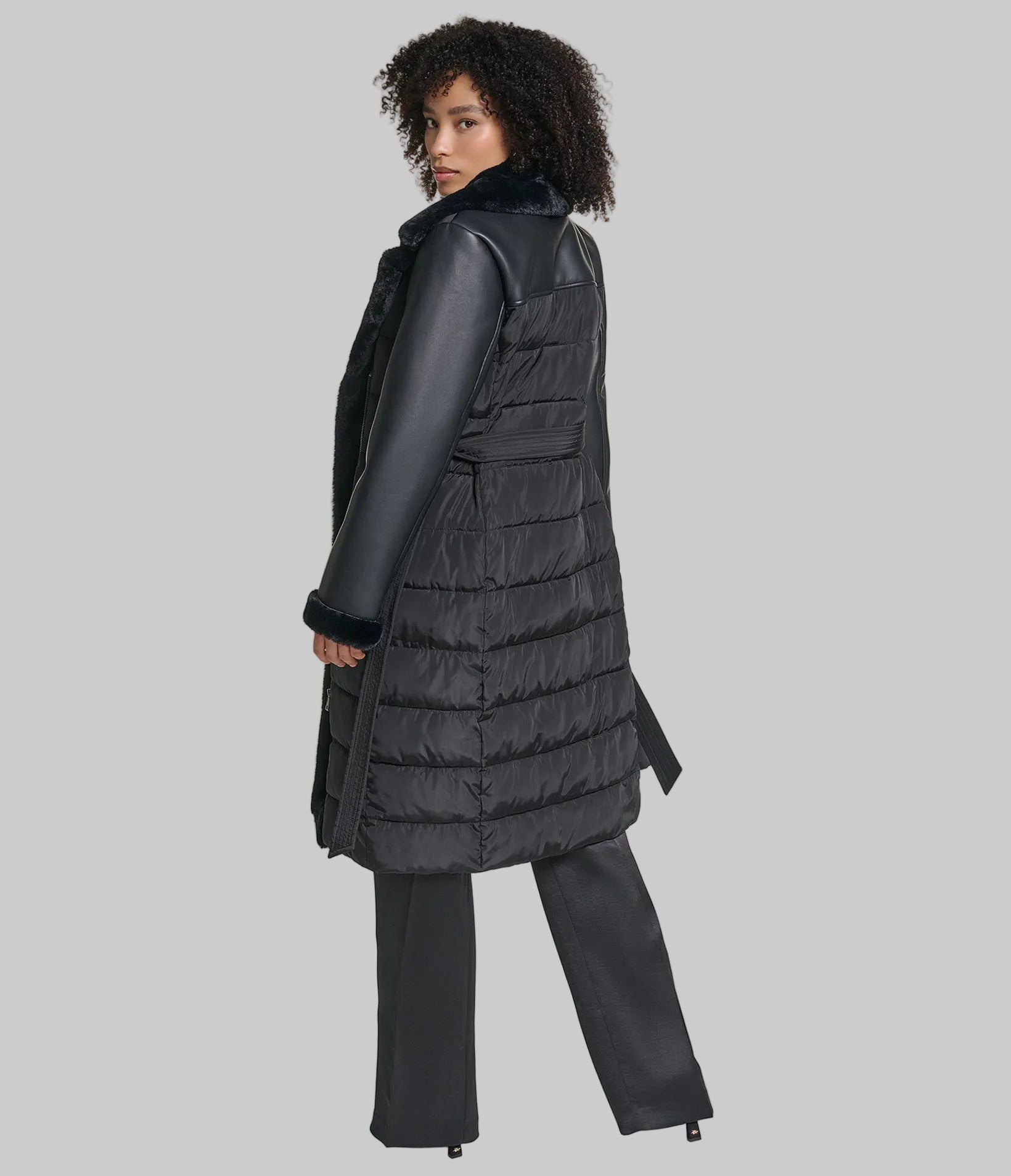 MIXED MEDIA MAXI BELTED PUFFER WITH FAUX FUR VIEW 2