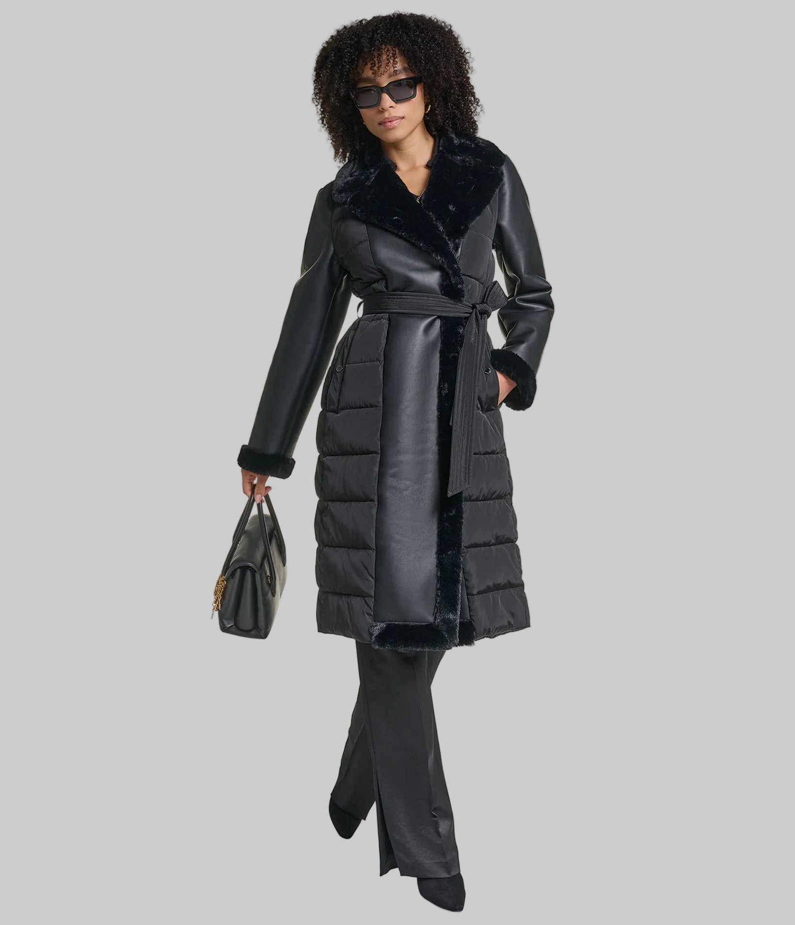 MIXED MEDIA MAXI BELTED PUFFER WITH FAUX FUR VIEW 1