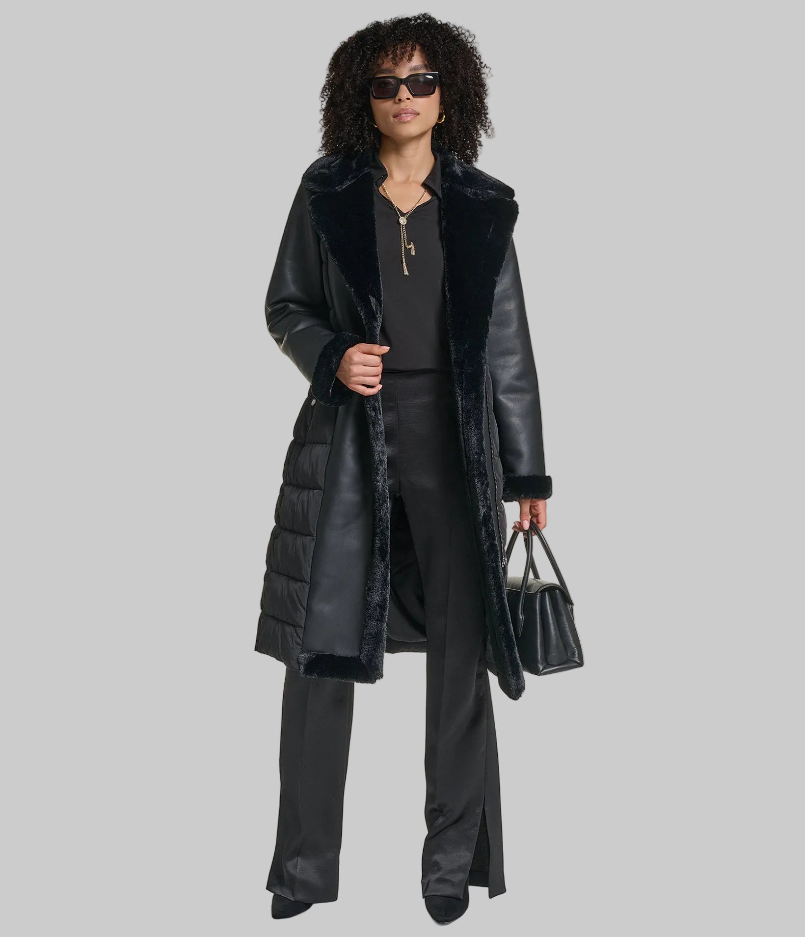 MIXED MEDIA MAXI BELTED PUFFER WITH FAUX FUR VIEW 5
