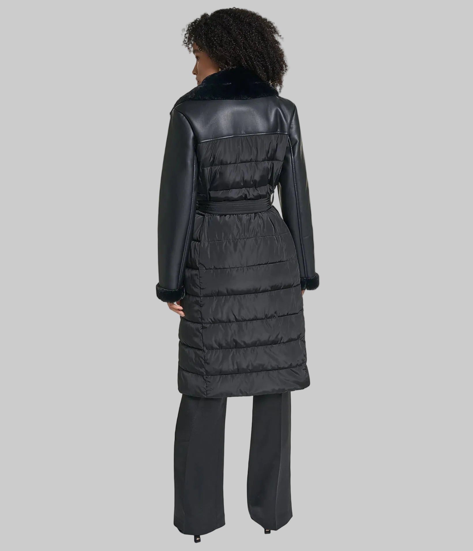 MIXED MEDIA MAXI BELTED PUFFER WITH FAUX FUR VIEW 7