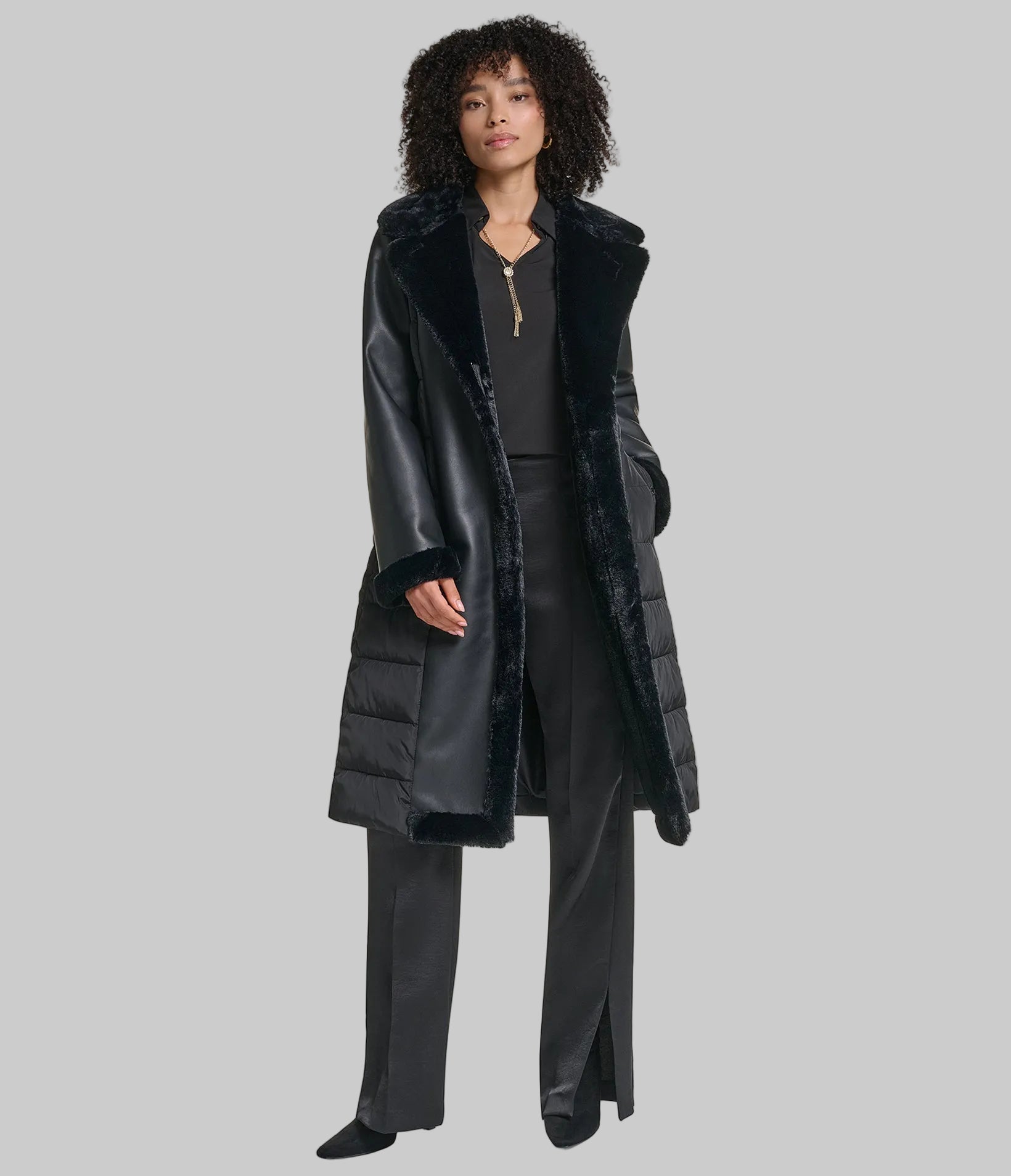 MIXED MEDIA MAXI BELTED PUFFER WITH FAUX FUR VIEW 4