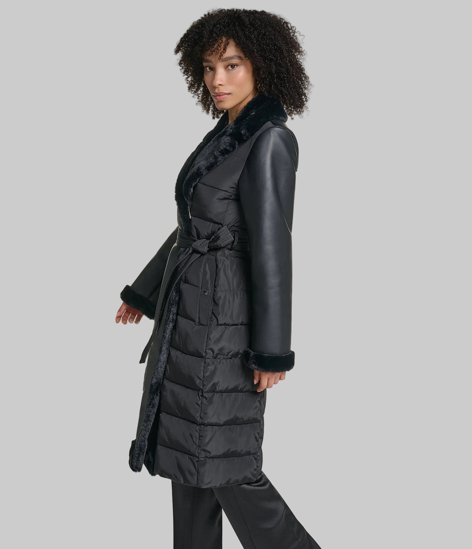 MIXED MEDIA MAXI BELTED PUFFER WITH FAUX FUR VIEW 3