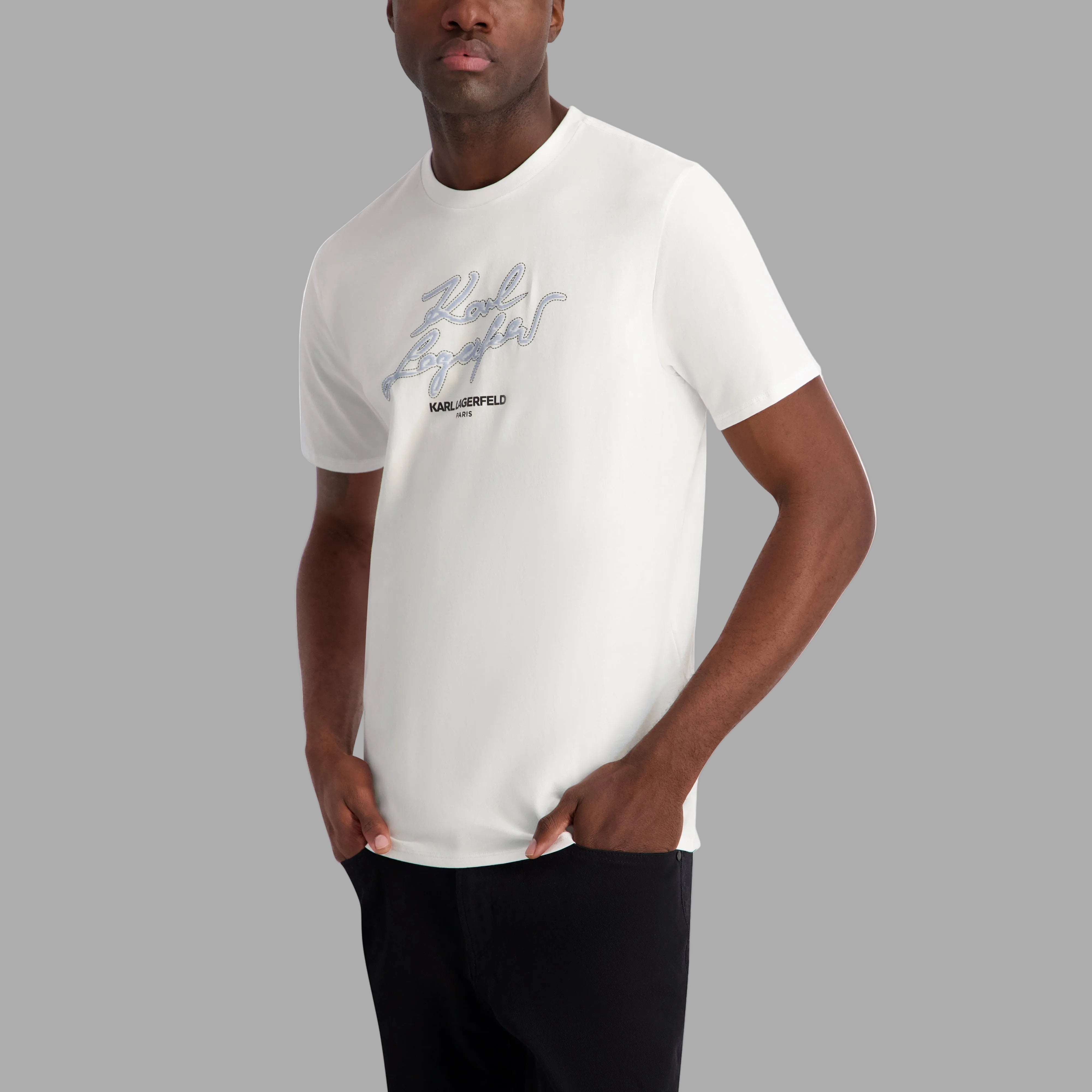 KARL LAGERFELD FAUX EMBROIDERED SIGNATURE TEE VIEW 3 | Men's Clothing