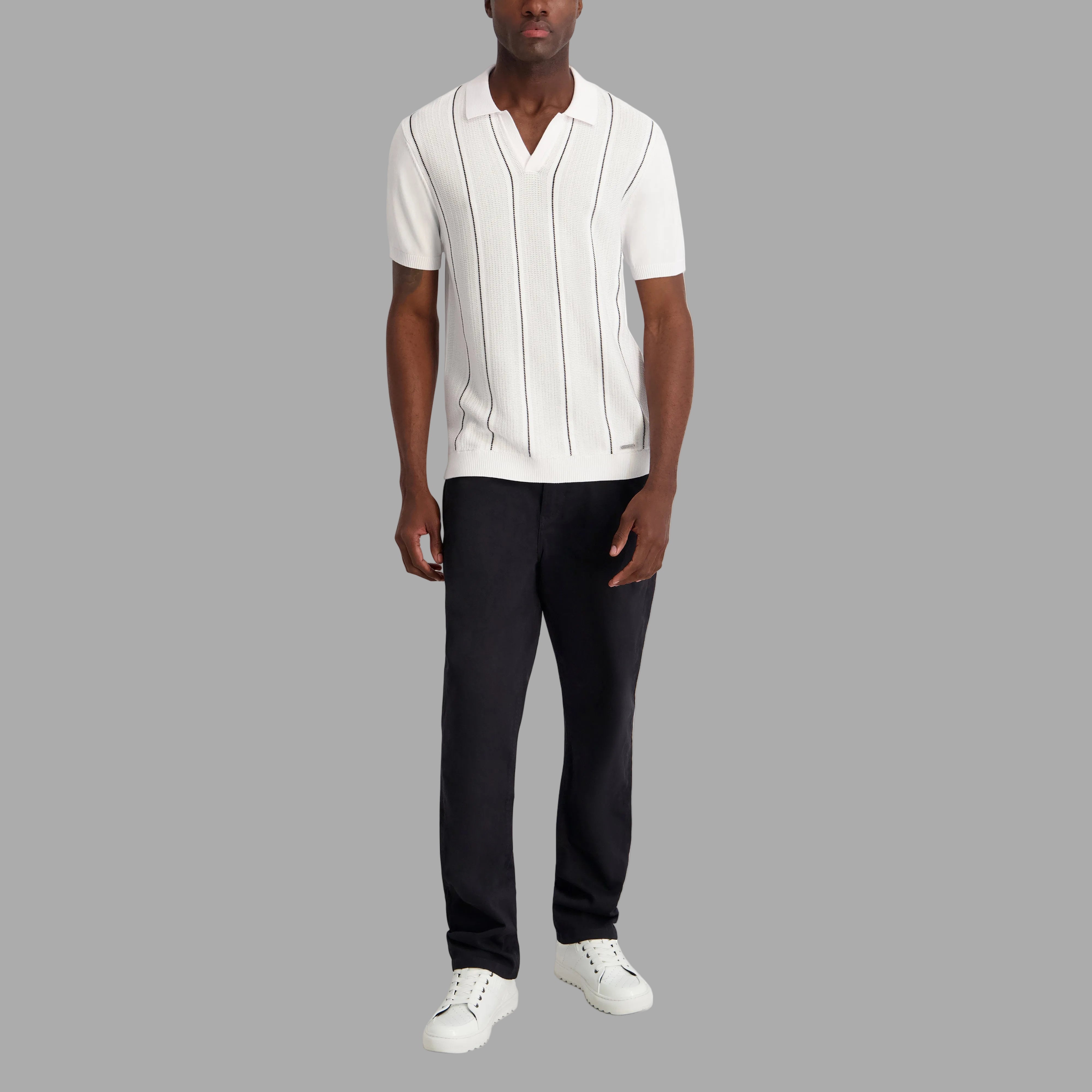 VERTICAL STRIPE TEXTURED JOHNNY COLLAR POLO VIEW 4 | Men's Clothing