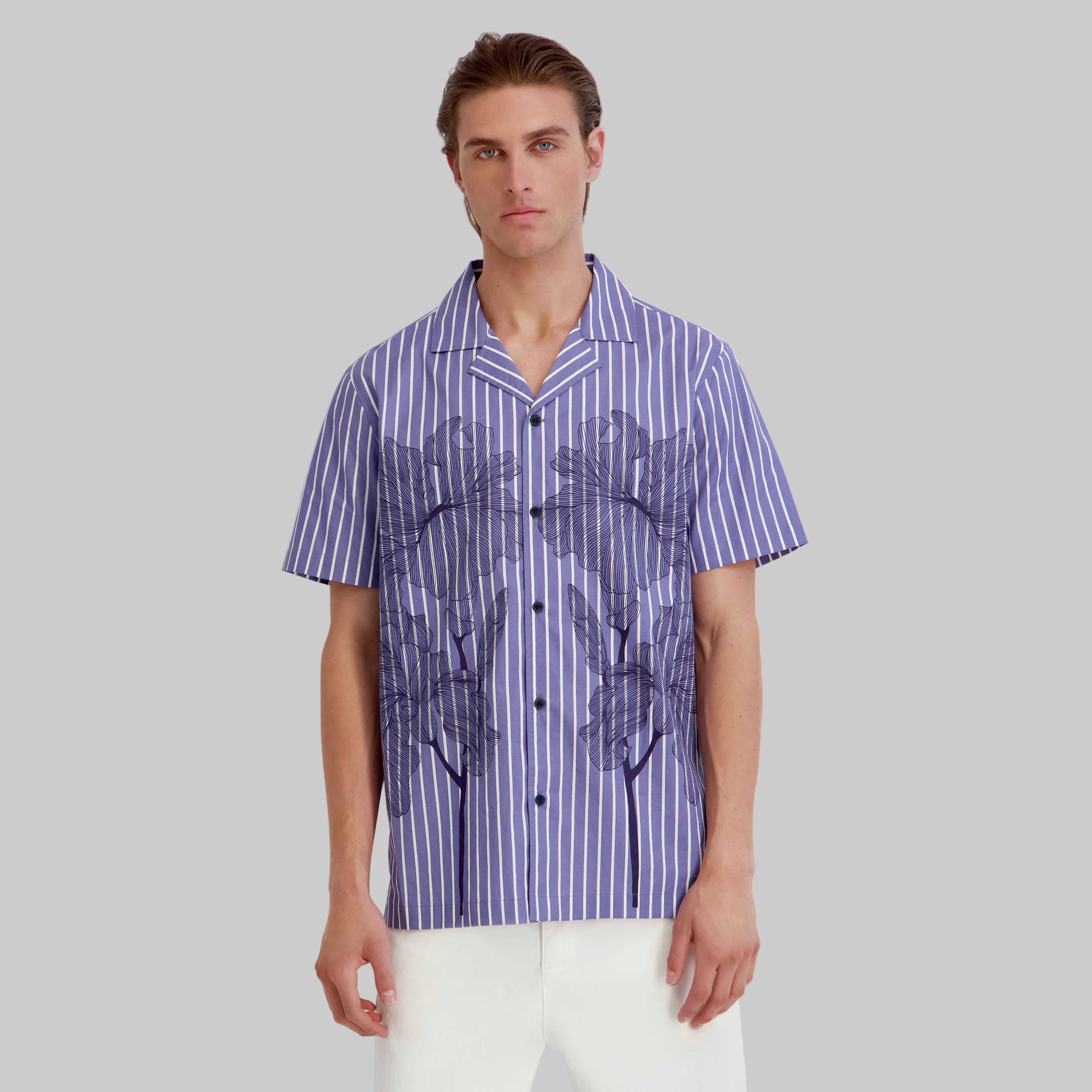 PRINTED FLORAL STRIPED CAMP SHIRT View 1 | Men's Clothing
