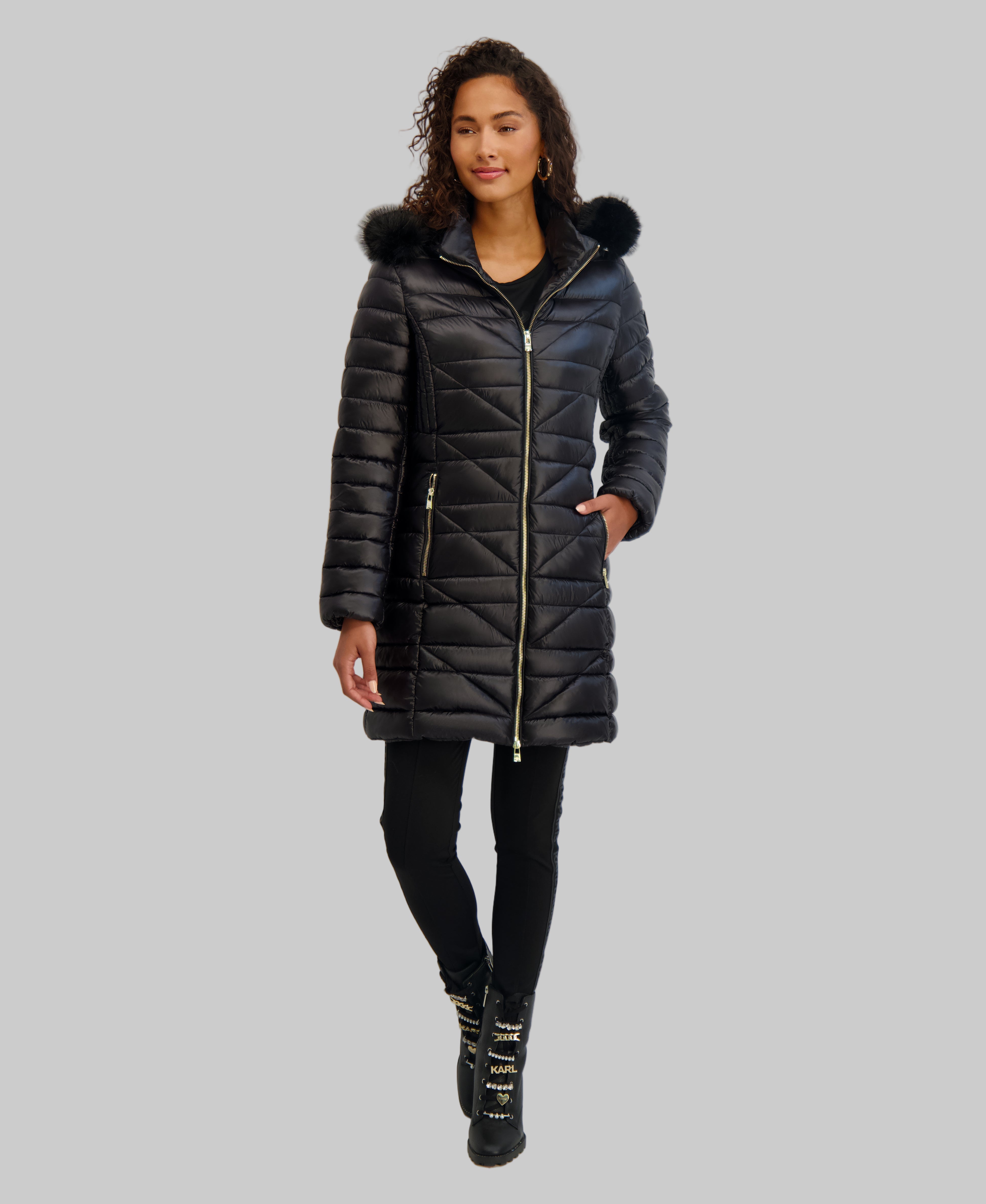 Mid Length Puffer With Faux Fur Trim Outerwear Karl Lagerfeld