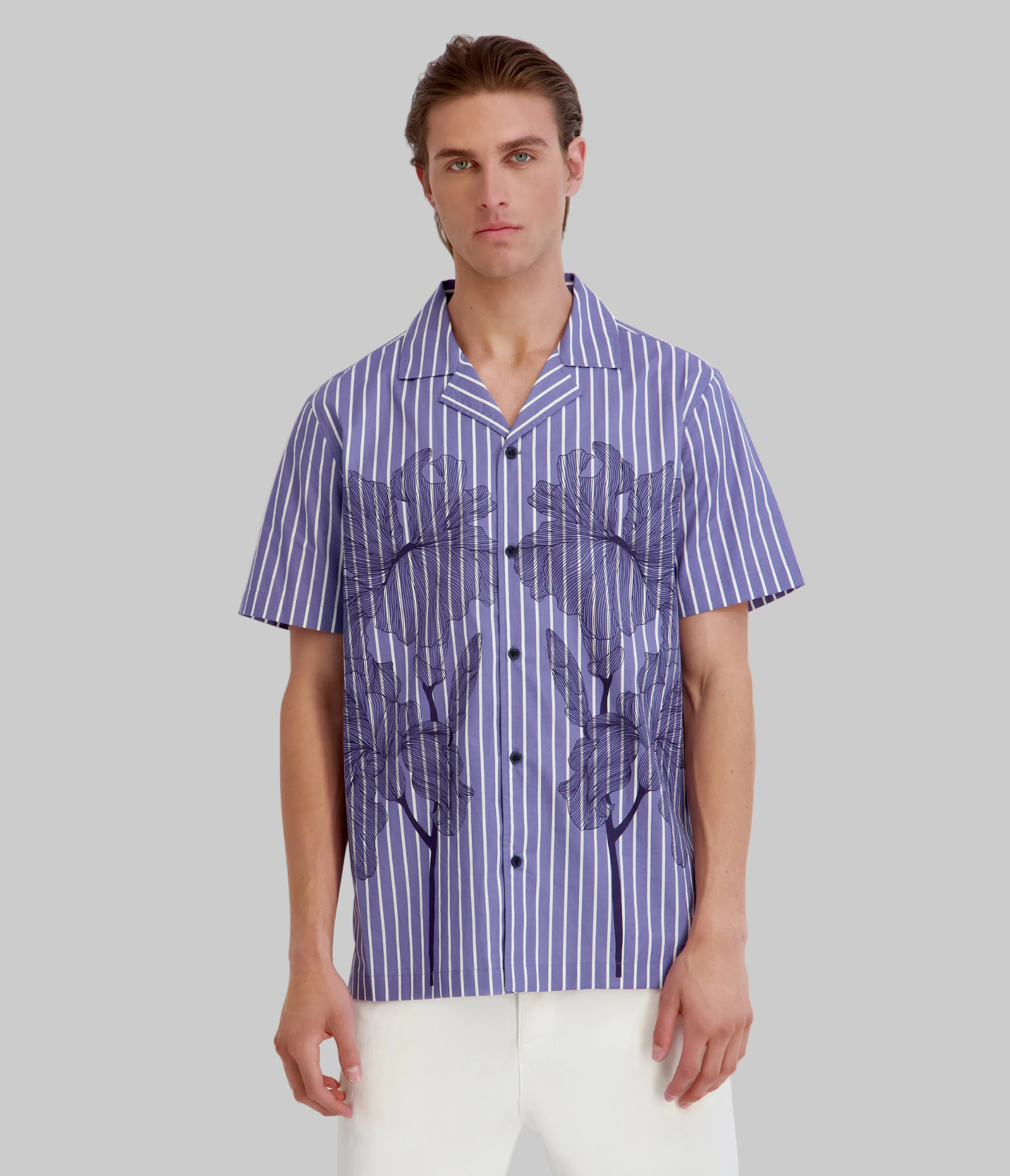 PRINTED FLORAL STRIPED CAMP SHIRT View 1 | KLP Promo Event