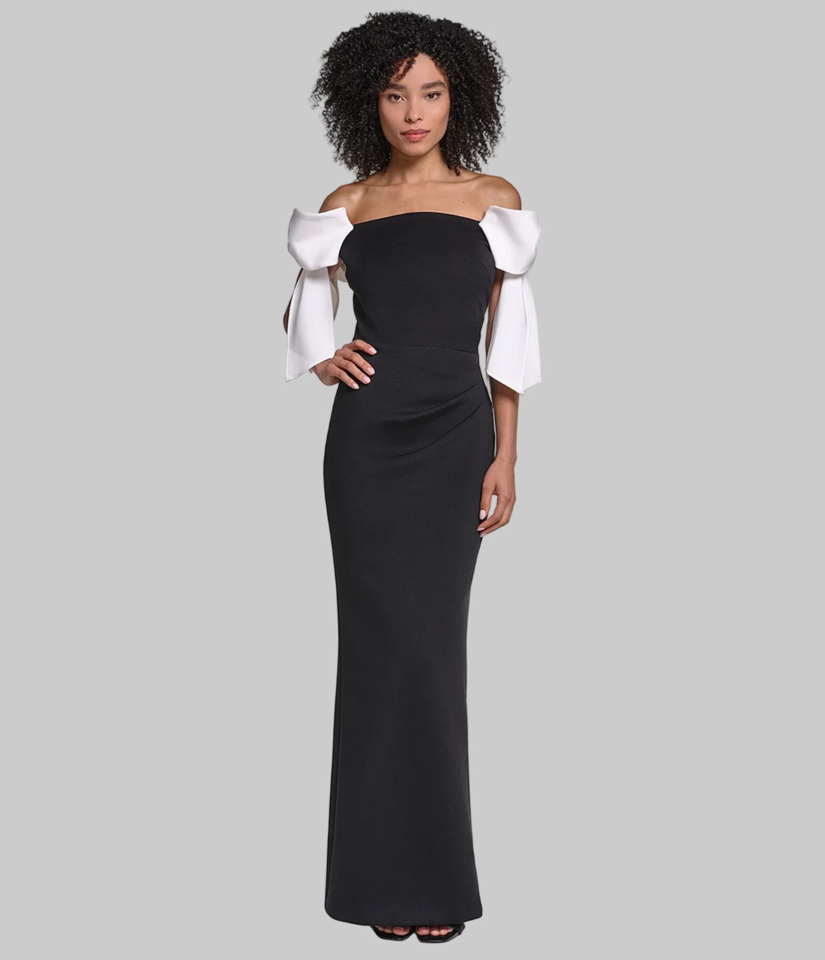 CREPE COLUMN GOWN WITH BOW DETAILS AT SHOULDERS View 1 | Dress and Handbag Essentials