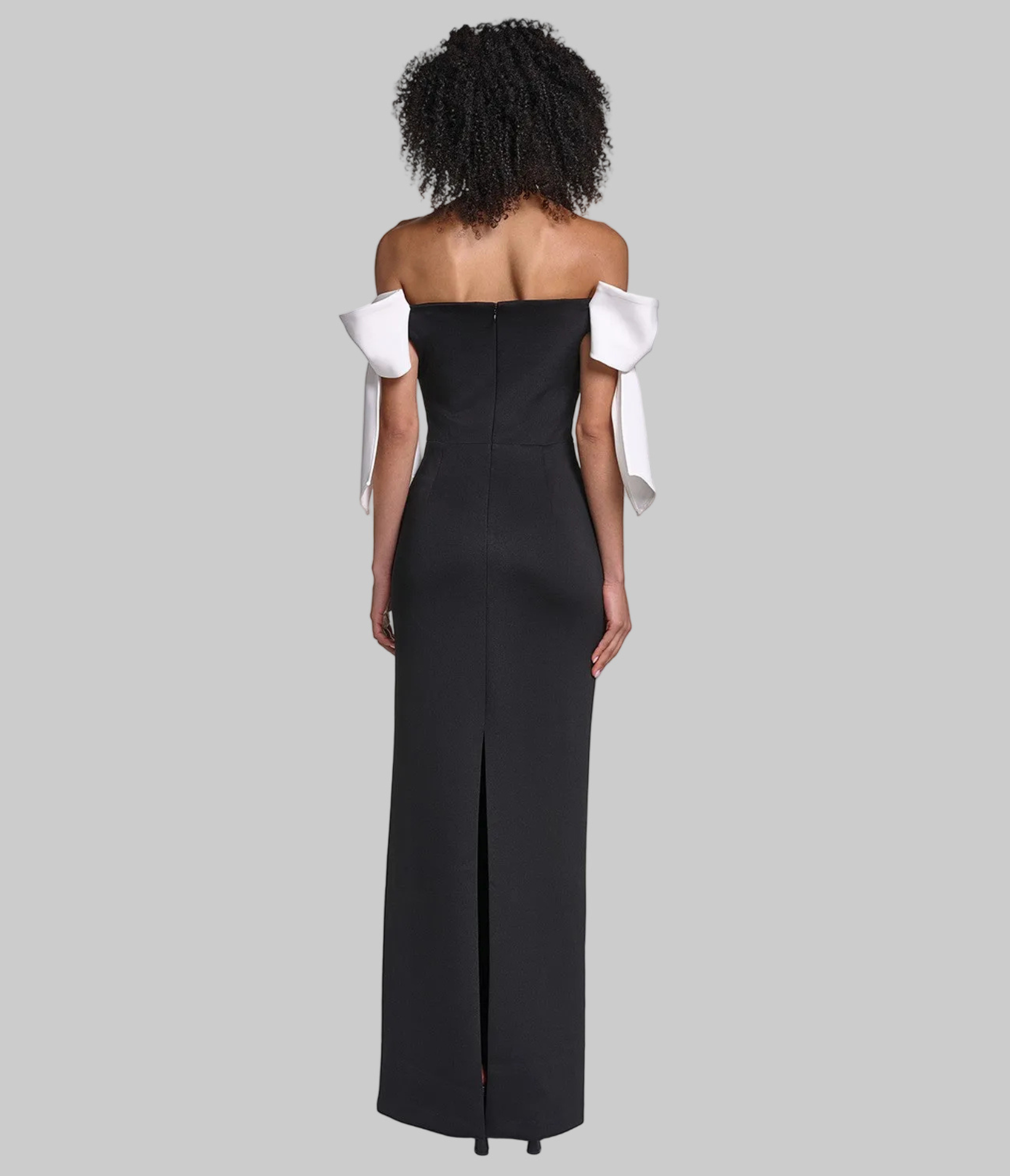 CREPE COLUMN GOWN WITH BOW DETAILS AT SHOULDERS View 2 | Dress and Handbag Essentials