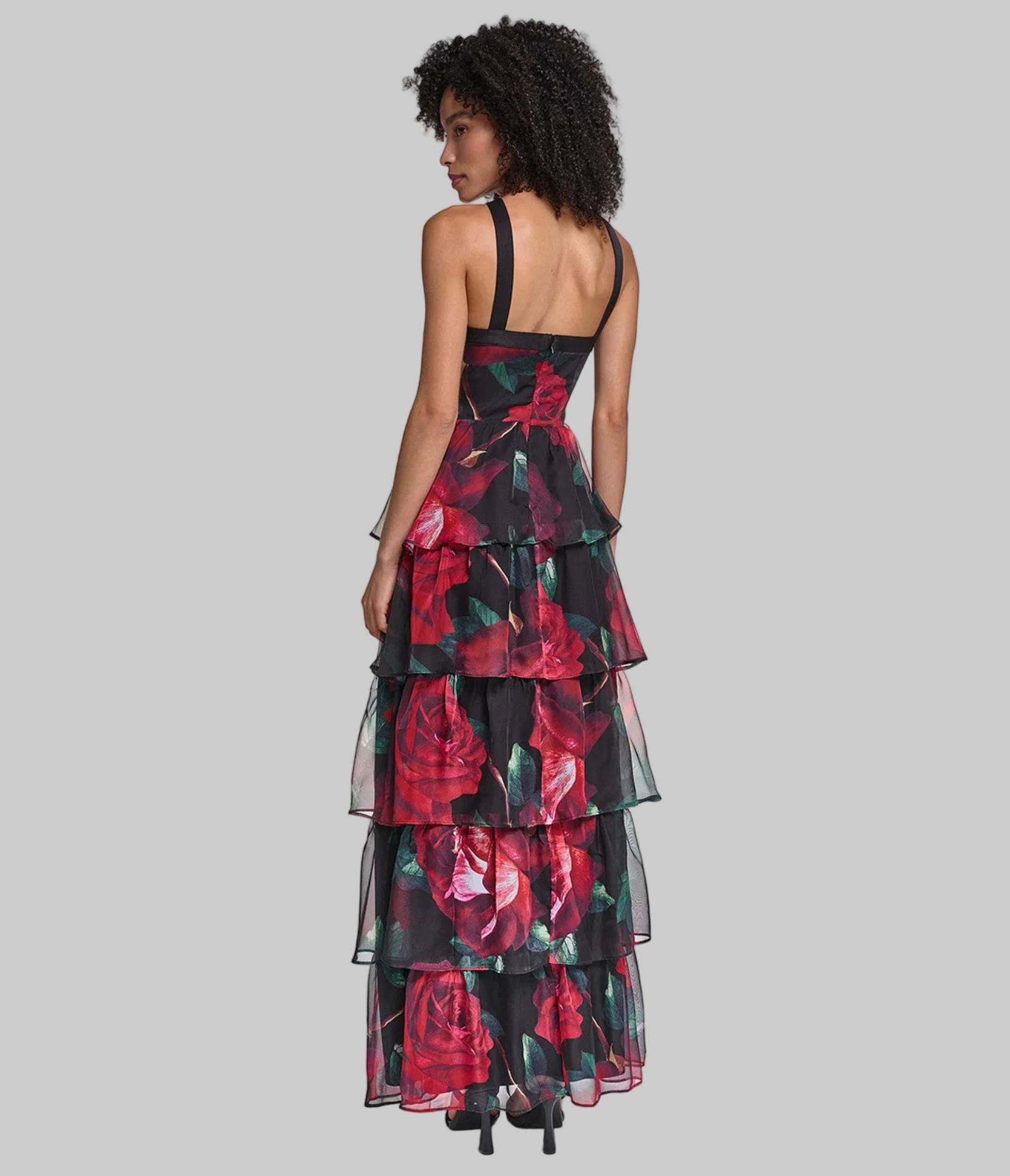 HALTER NECK TIERED PRINTED CHIFFON GOWN View 2 | Online Exclusive