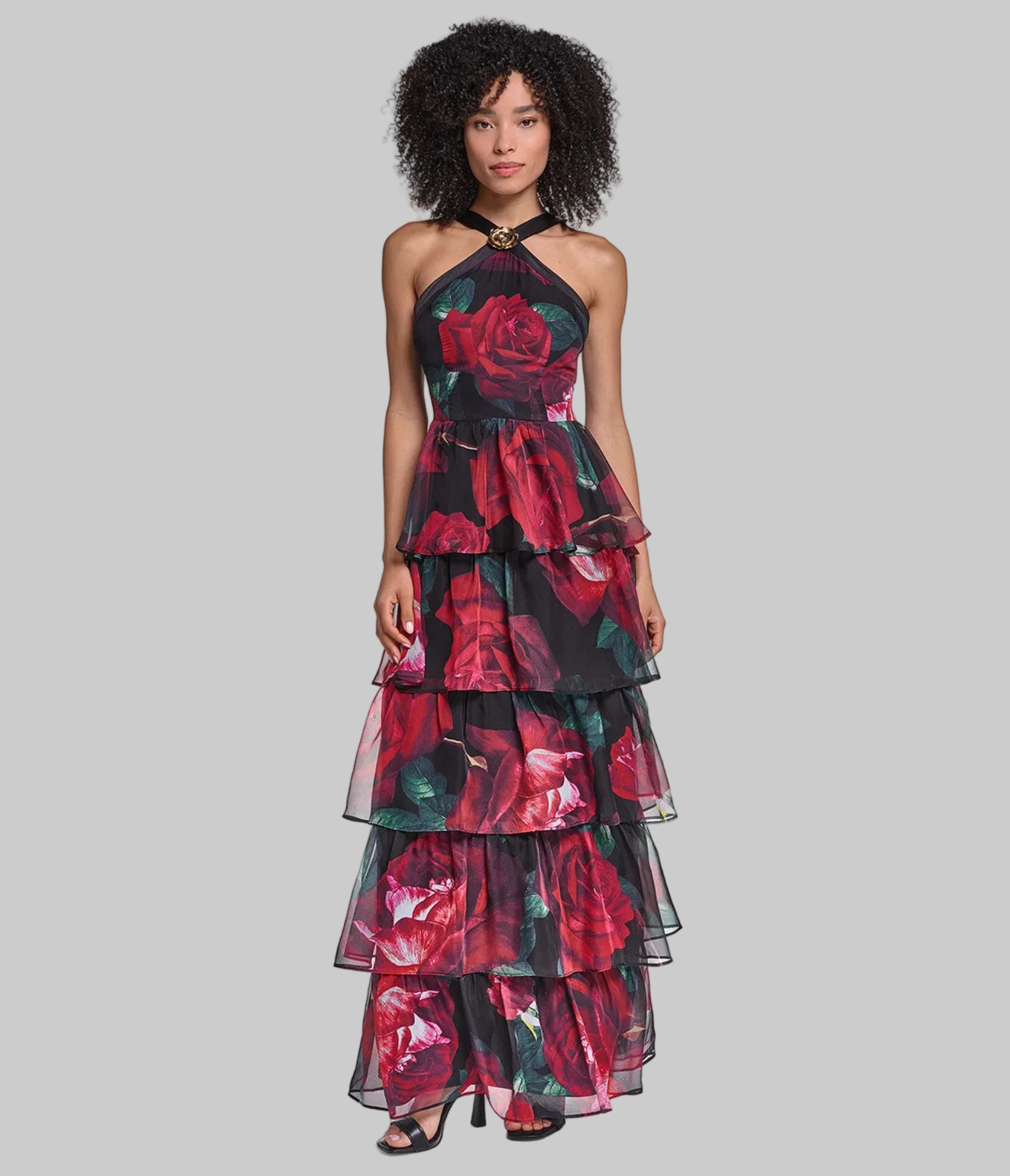 HALTER NECK TIERED PRINTED CHIFFON GOWN VIEW 4 | Online Exclusive