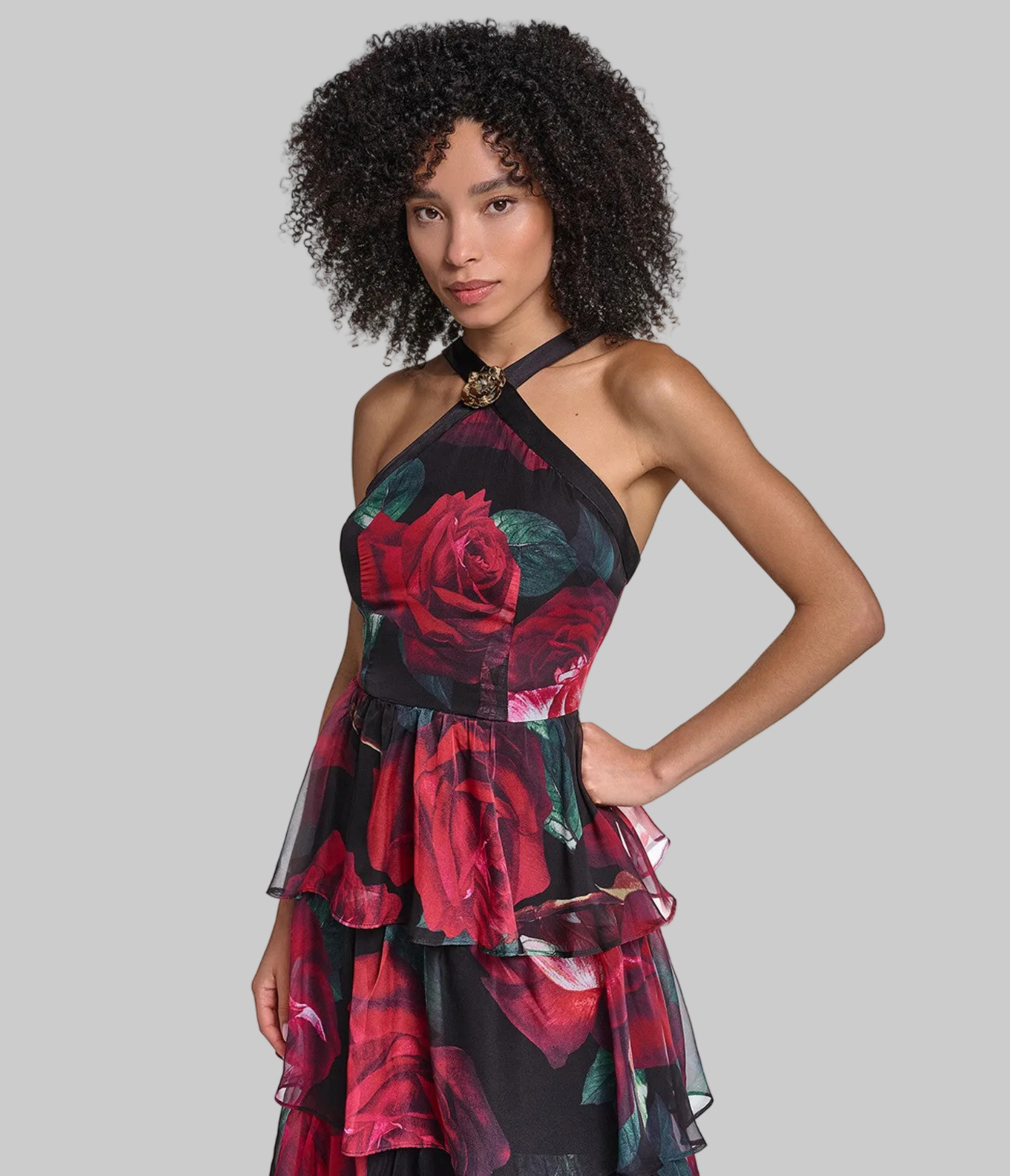 HALTER NECK TIERED PRINTED CHIFFON GOWN VIEW 5 | Online Exclusive