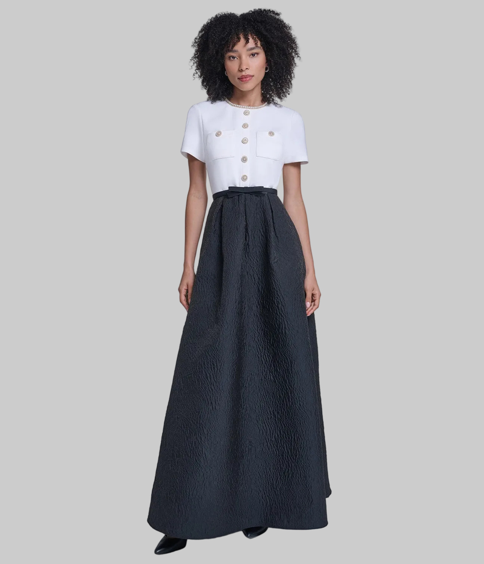 SHORT SLEEVE CREPE GOWN WITH CLOQUE SKIRT VIEW 5