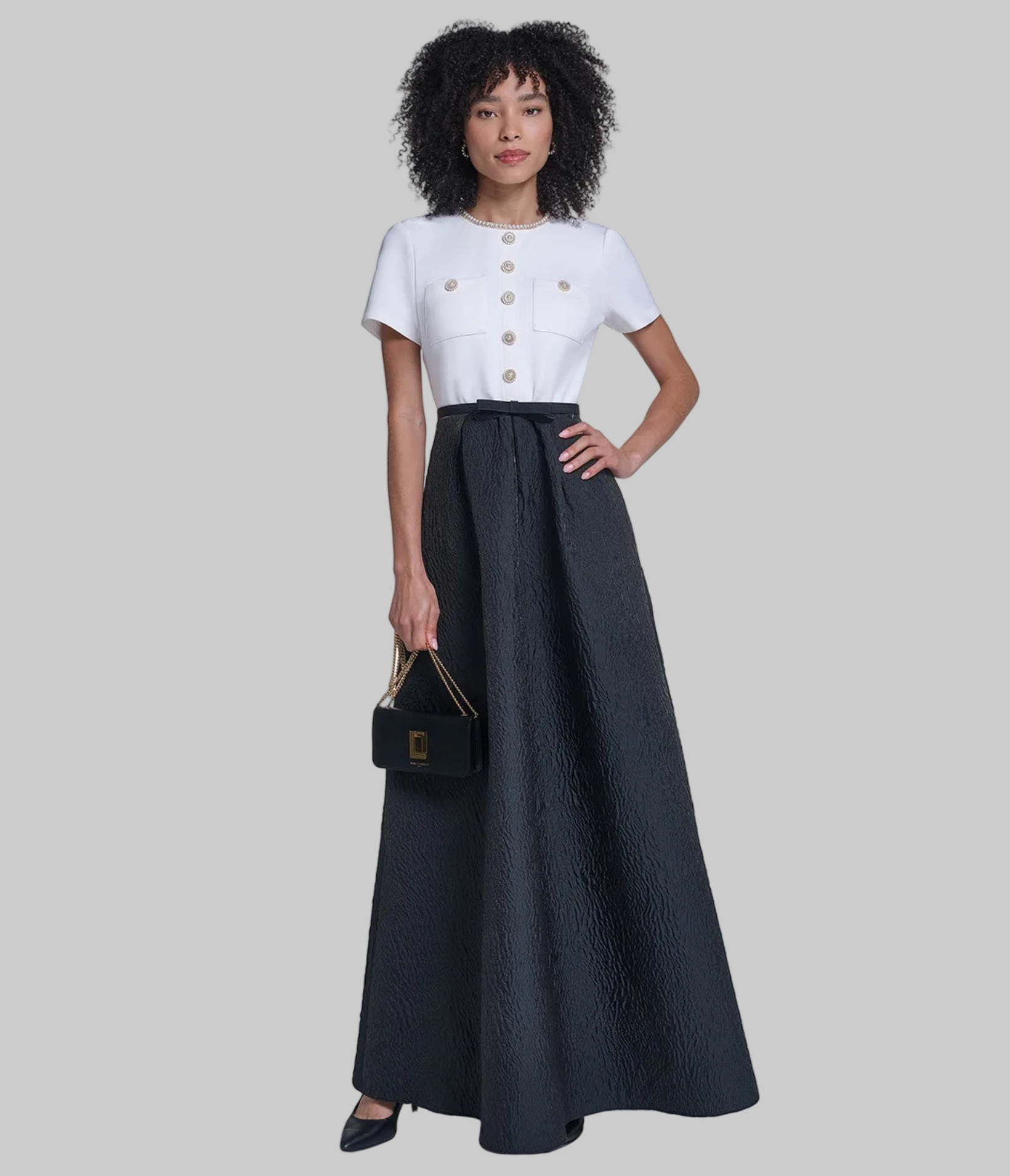 SHORT SLEEVE CREPE GOWN WITH CLOQUE SKIRT VIEW 4