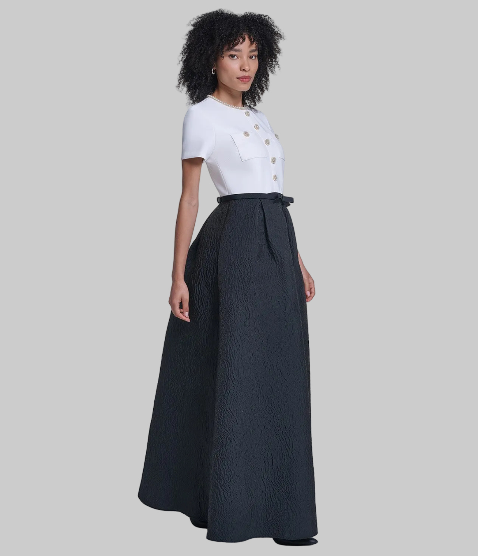 SHORT SLEEVE CREPE GOWN WITH CLOQUE SKIRT VIEW 3