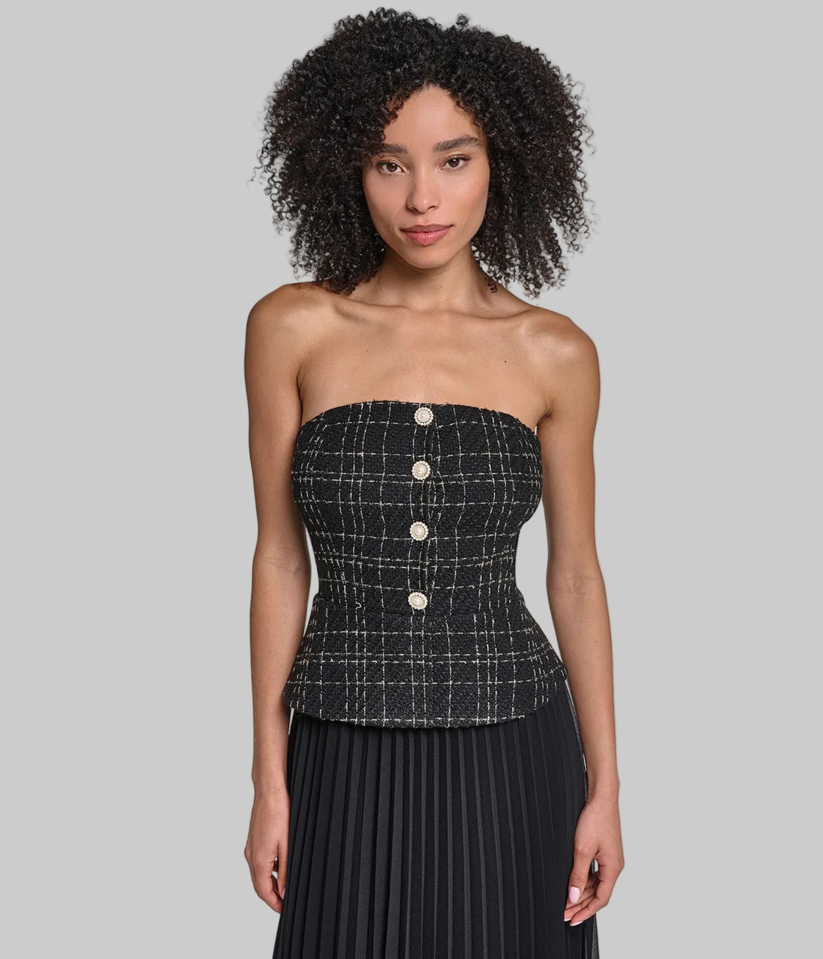 Strapless Tweed Gown With Sunburst Pleated Chiffon | Dresses & Jumpsuits