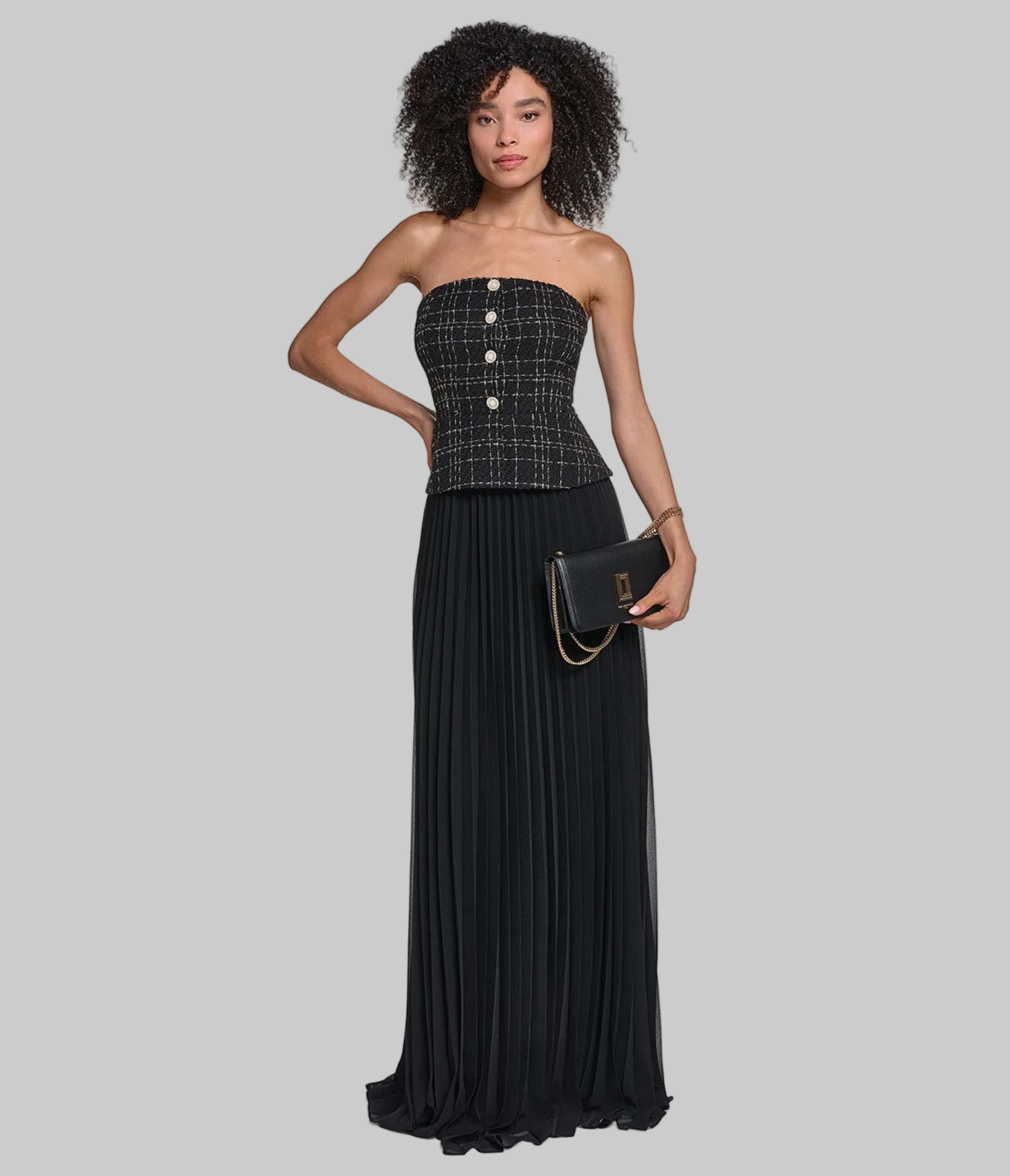 STRAPLESS TWEED GOWN WITH SUNBURST PLEATED CHIFFON VIEW 5