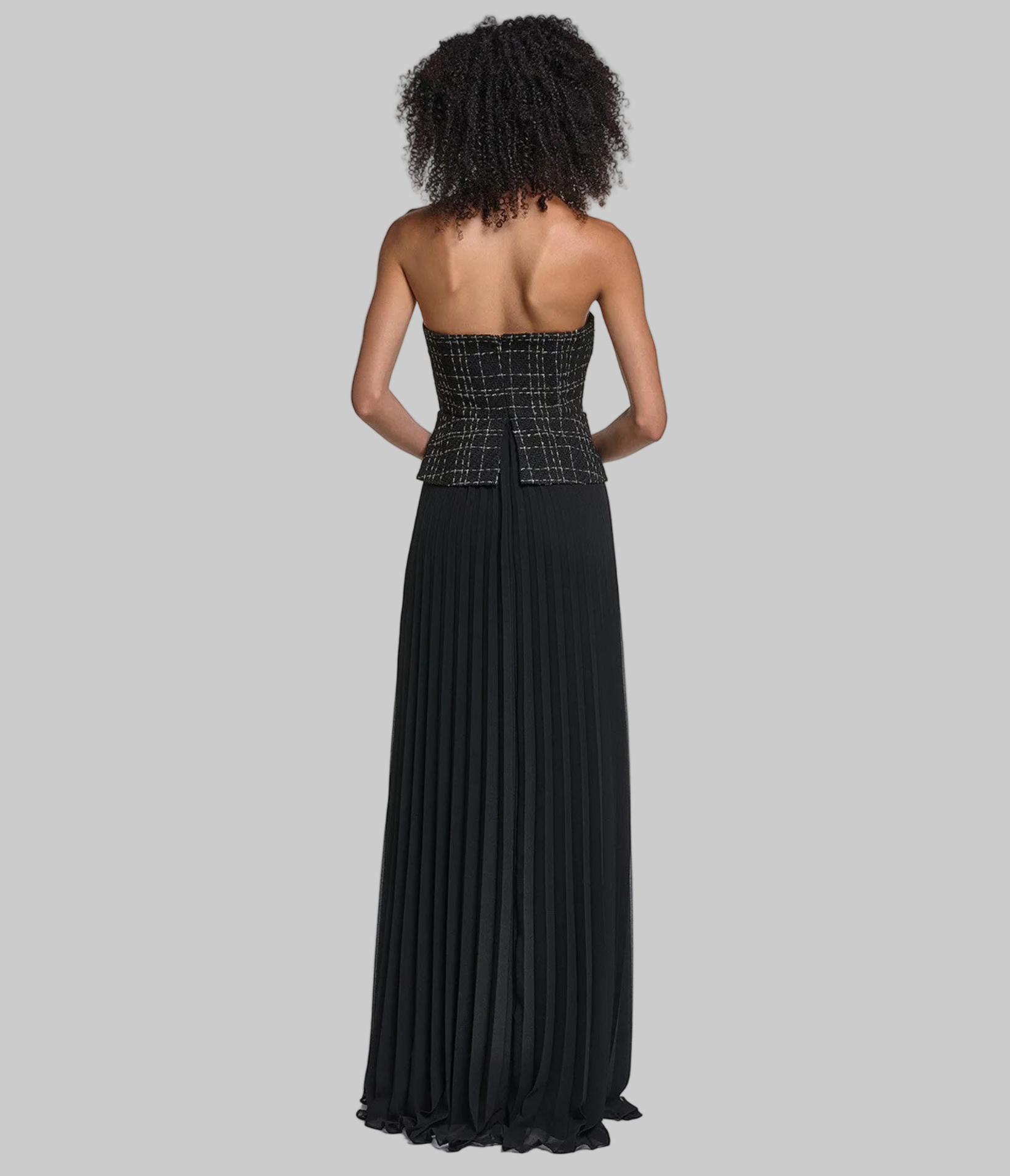 STRAPLESS TWEED GOWN WITH SUNBURST PLEATED CHIFFON VIEW 3