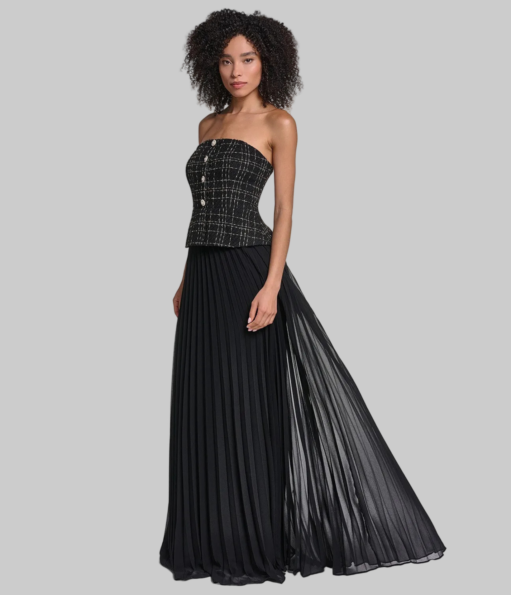Strapless Tweed Gown With Sunburst Pleated Chiffon | Dresses & Jumpsuits