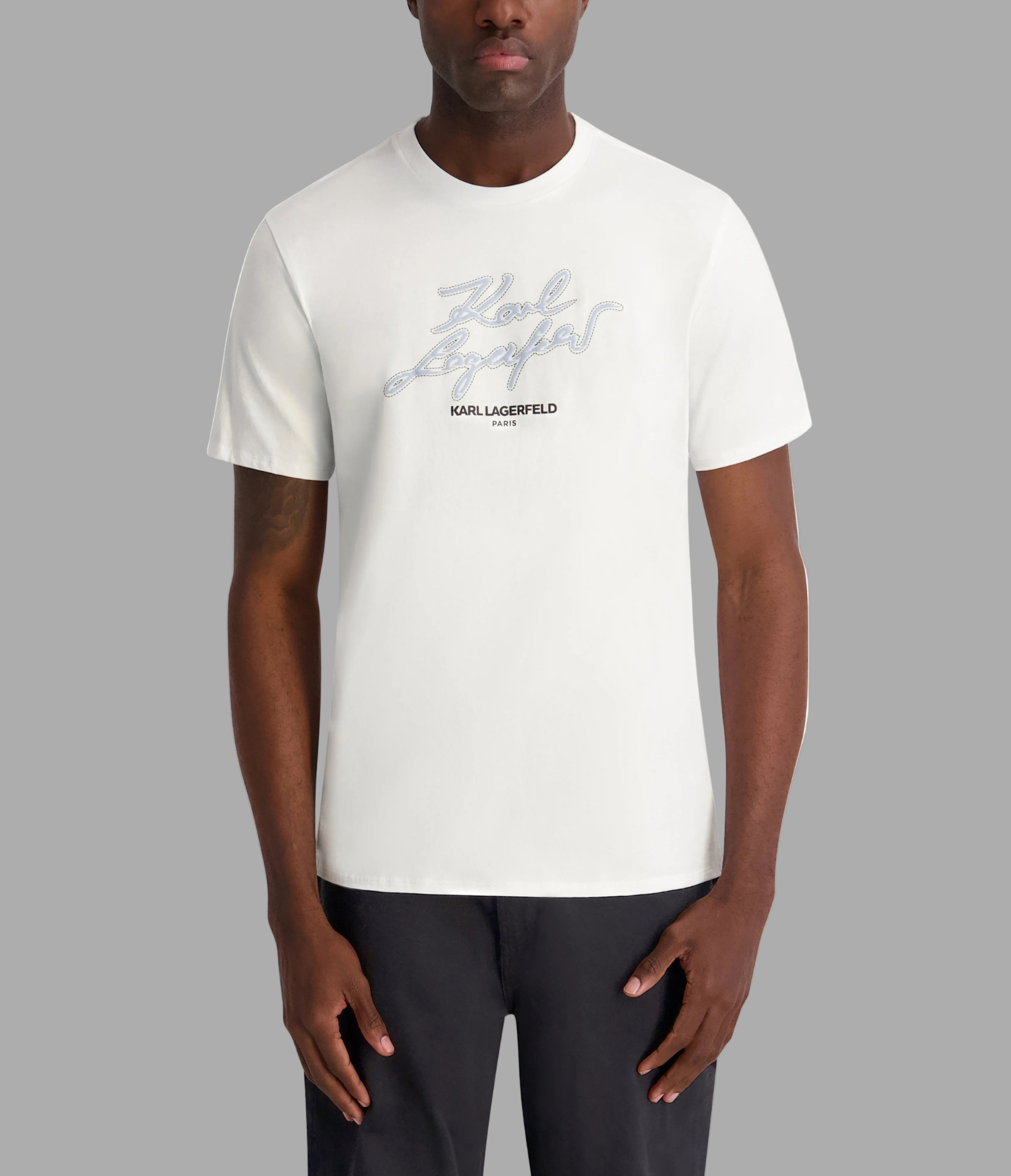 KARL LAGERFELD FAUX EMBROIDERED SIGNATURE TEE View 1 | Men's Clothing