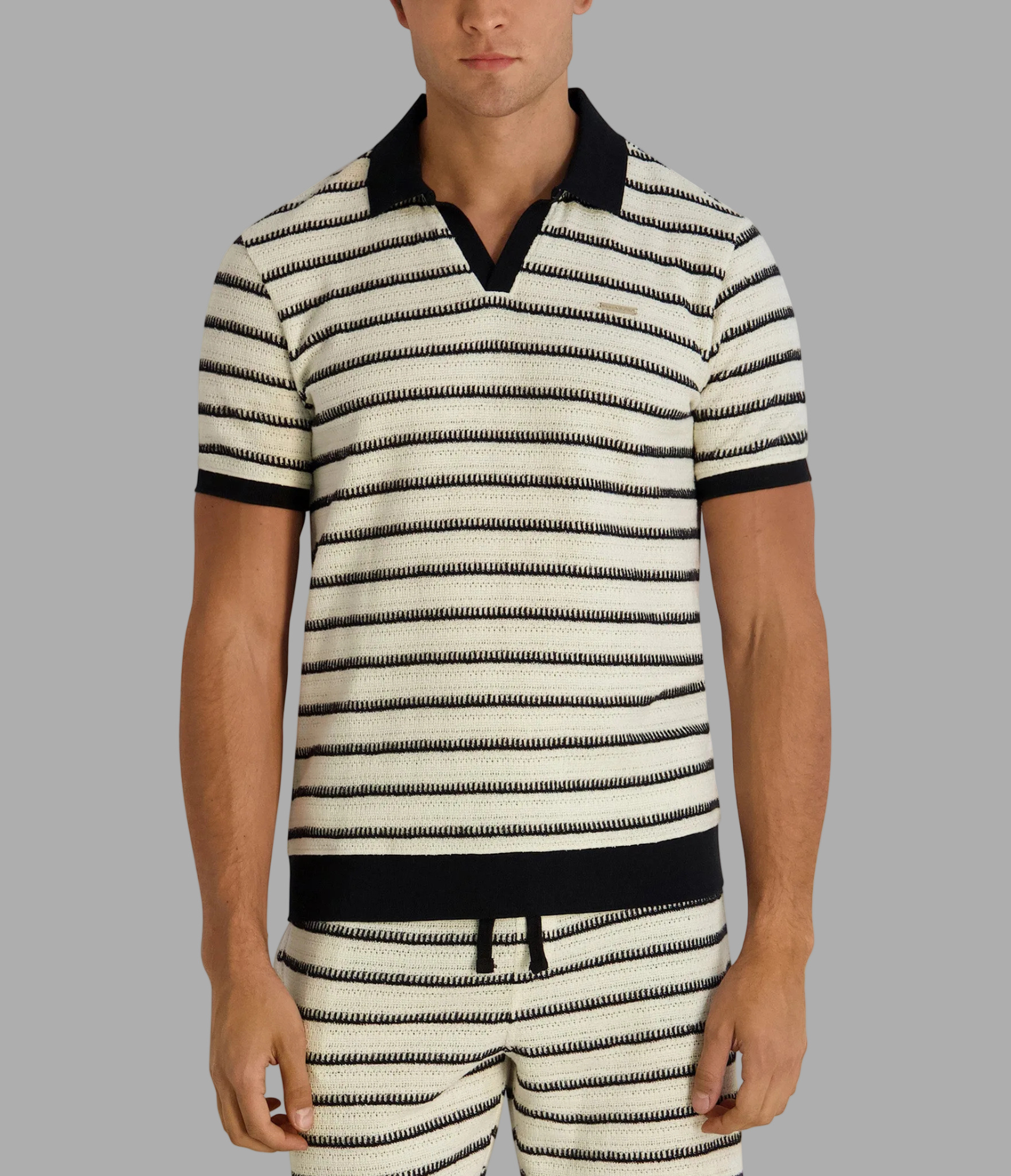 STRIPE KNIT JOHNNY COLLAR POLO View 1 | Men's Tees & Polos