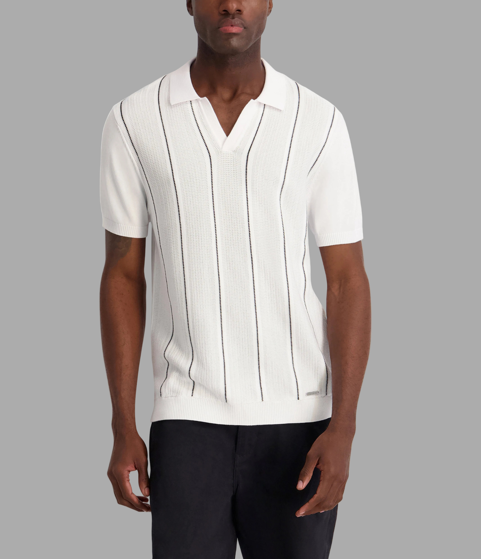 VERTICAL STRIPE TEXTURED JOHNNY COLLAR POLO View 1 | Men's Clothing
