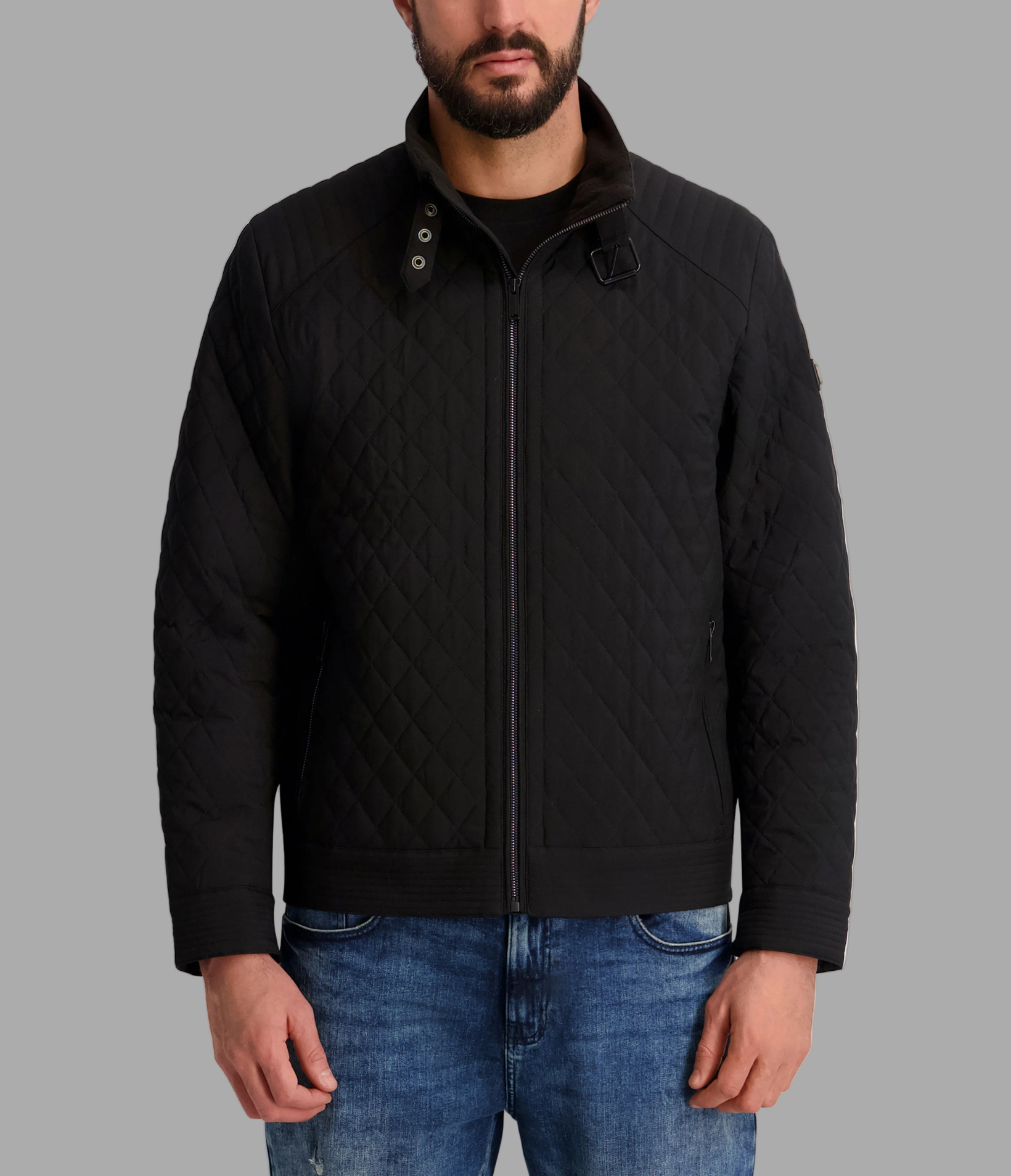 BANDED COLLAR DIAMOND QUILT ZIP FRONT JACKET View 1 | Men's Clothing